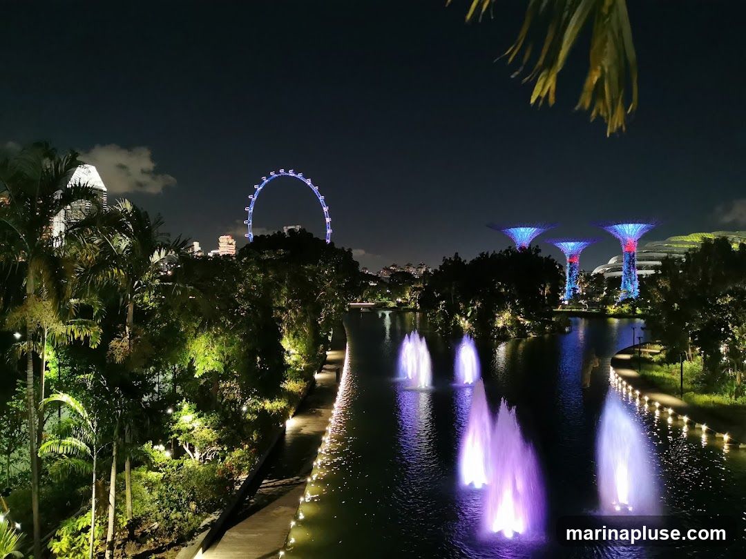 A nighttime scene at Gardens by the Bay, Singapore. In the foreground, illuminated fountains spray water in various colors, including purple and blue, across a dark body of water. The pathway along the water's edge is lined with lights. Lush greenery and palm trees are visible on the left, with some trees illuminated by spotlights. In the background, the iconic Supertrees are lit up in vibrant blue and red. Further in the distance, the Singapore Flyer Ferris wheel is visible, along with city skyline buildings. The sky is dark with a few clouds.