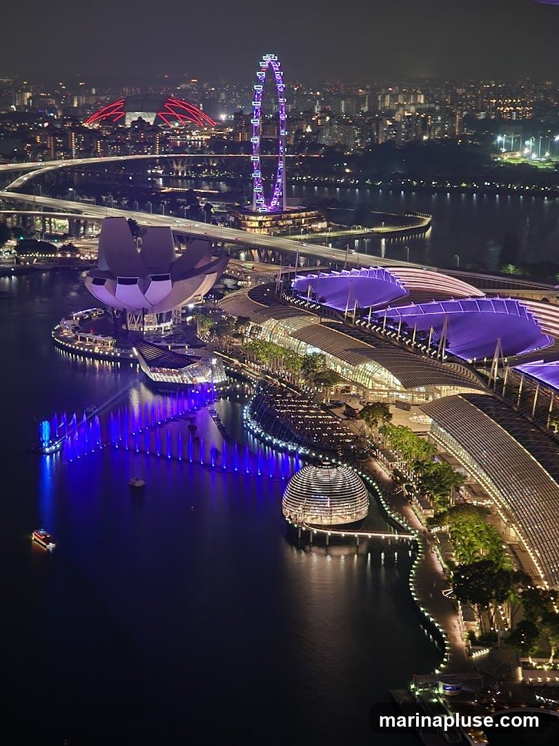 A nighttime aerial view of the Marina Bay area in Singapore. The iconic Marina Bay Sands complex, with its distinctive lotus-shaped ArtScience Museum, is visible. Adjacent to it are the illuminated walkways and structures of the waterfront promenade. In the background, the Singapore Flyer Ferris wheel glows with purple lights, and the city skyline stretches into the distance. A water fountain show with blue lights is in progress on the bay, with boats navigating the water.