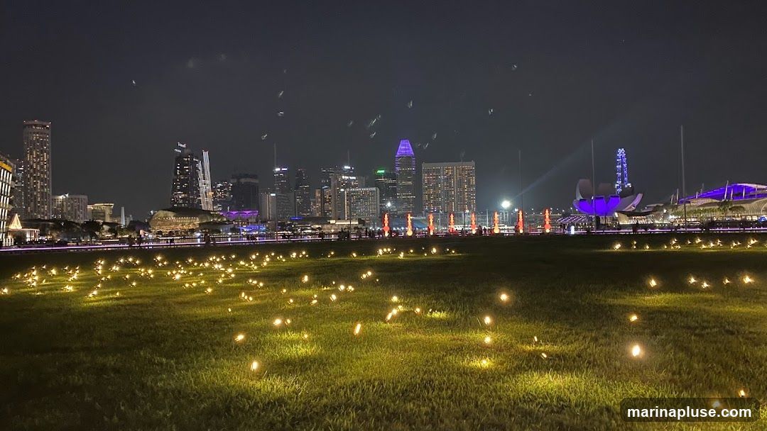 A nighttime view of a city skyline with numerous illuminated buildings. In the foreground, a grassy lawn is dotted with many small, warm-toned lights, creating a festive atmosphere. A walkway with people can be seen in the middle ground, separating the lawn from the city. The skyline features modern skyscrapers and distinctive architectural structures, some of which are lit with purple and white lights.