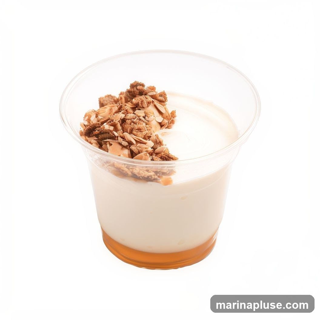A clear plastic cup filled with yogurt, honey, and granola. The yogurt is white and creamy, with a layer of golden honey at the bottom. The top is generously sprinkled with crunchy granola and sliced almonds.