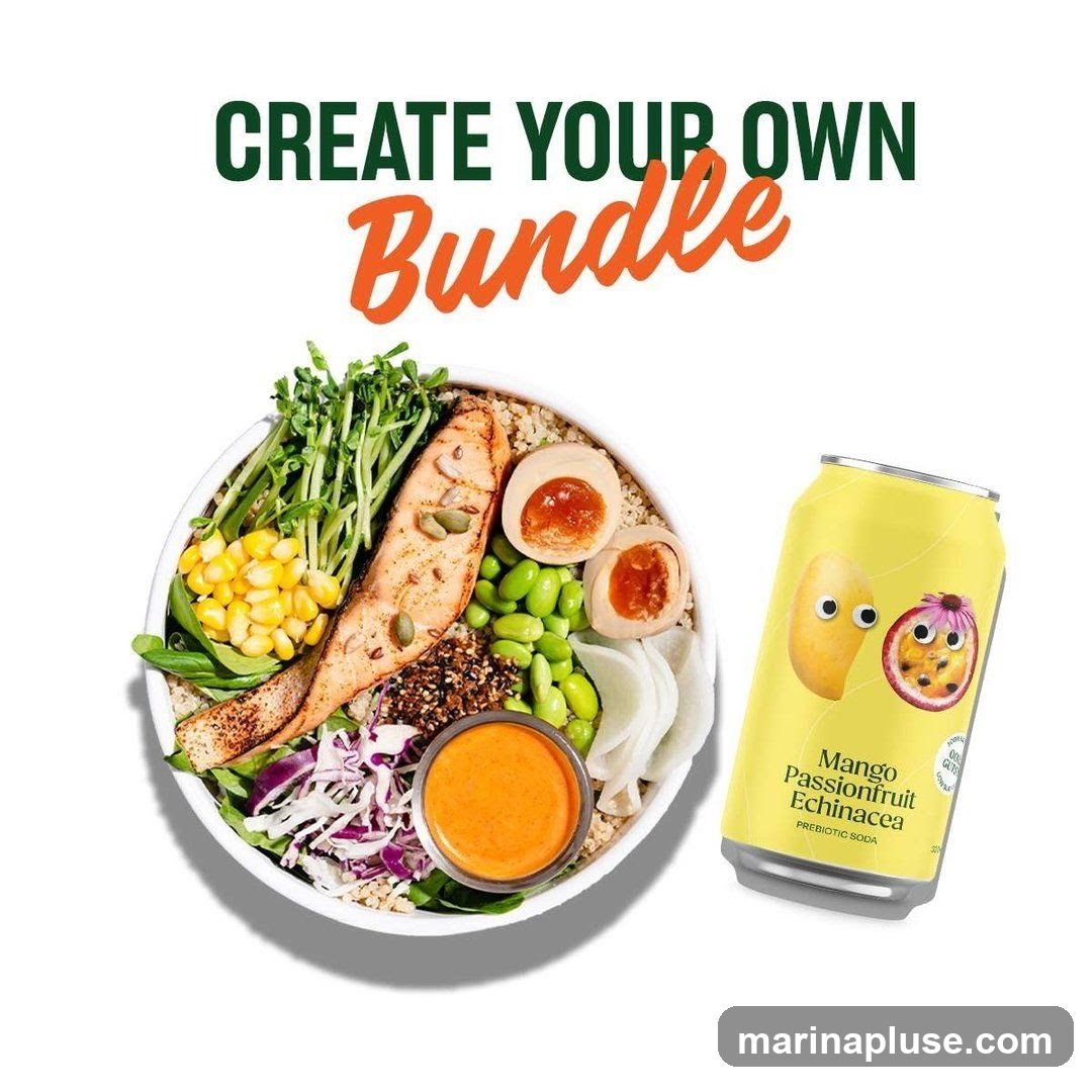 A bowl of food with salmon, edamame, corn, and eggs, next to a can of Mango Passionfruit Echinacea Prebiotic Soda.