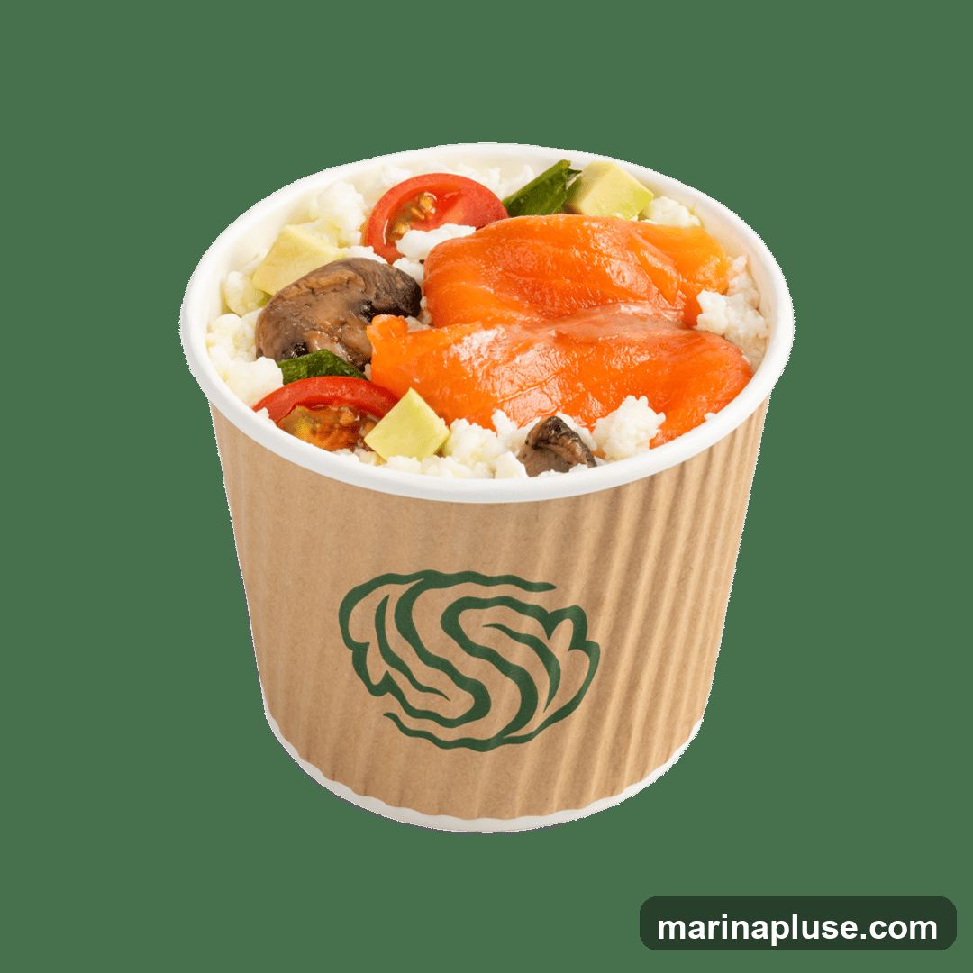 A poke bowl in a to-go cup with salmon, rice, tomatoes, avocado, and mushrooms. The cup has a green logo on it.