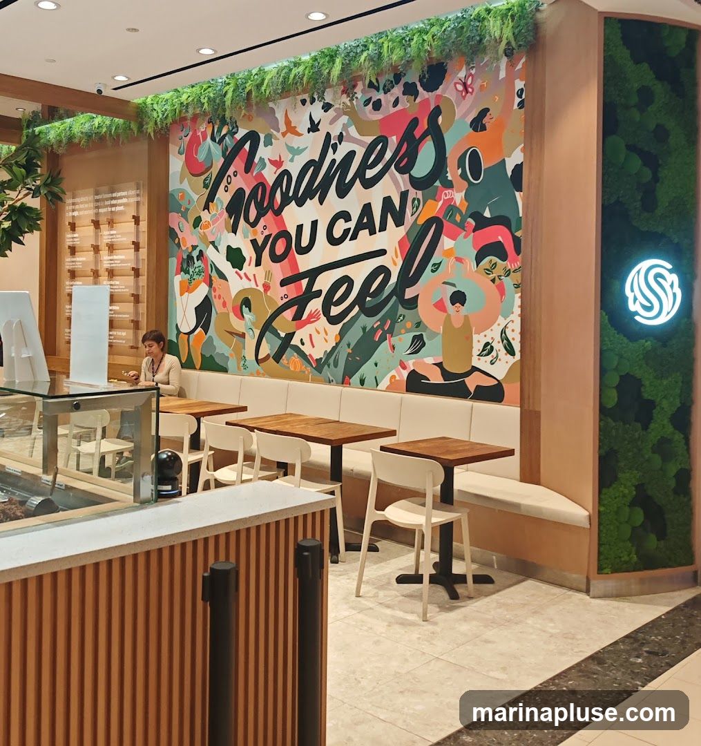 The image shows the interior of a cafe with a large, colorful mural on the wall that says "Goodness You Can Feel." There are booths and tables with chairs, a counter with a glass display case, and a woman sitting at a table. A neon logo is visible on a moss-covered wall.