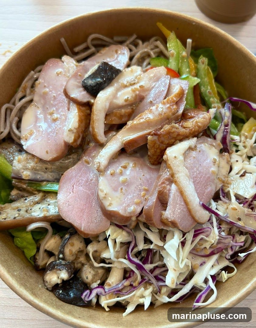 A close-up shot of a soba noodle salad in a brown paper bowl. The salad is topped with sliced duck breast, sesame seeds, and a creamy dressing. It also contains shredded cabbage, red cabbage, mushrooms, and bell peppers.