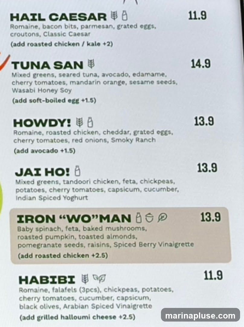 A list of salad options with ingredients and prices.