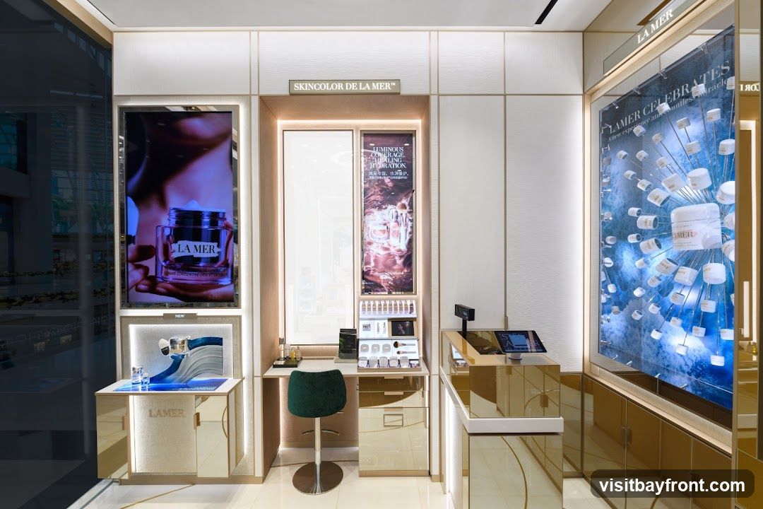 The interior of a La Mer store features illuminated displays showcasing skincare products. One display shows a hand holding a jar of La Mer cream, with the text "NEW" below. Another display highlights "SKINCOLOR DE LA MER" and features various small bottles and products. A larger display on the right shows "LA MER CELEBRATES" with numerous small jars arranged in a radial pattern against a blue background. A vanity area with a green stool is visible, along with a counter displaying more products. Digital screens and golden accents are prominent throughout the space.