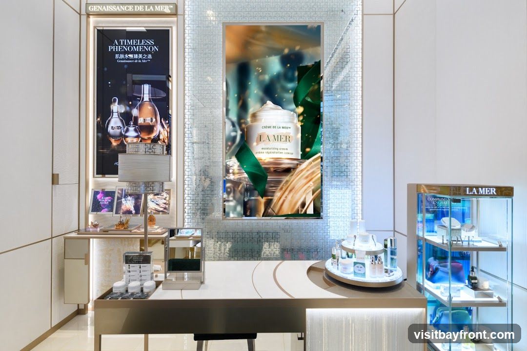 A well-lit and elegant store interior featuring La Mer skincare products. The display includes large screens showcasing product imagery and branding, a central counter with various skincare items, and illuminated display cases. The overall aesthetic is luxurious and clean, with a color palette of white, gold, and subtle lighting.