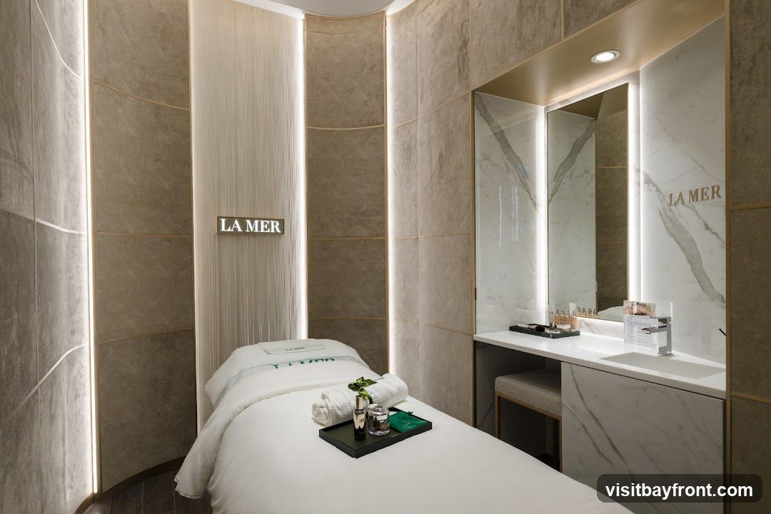 A luxurious treatment room with a massage bed, vanity, and La Mer branding. The room features textured walls, soft lighting, and marble accents. On the bed, there is a white sheet, towels, and La Mer products. The vanity has a sink, mirror, and various skincare items.