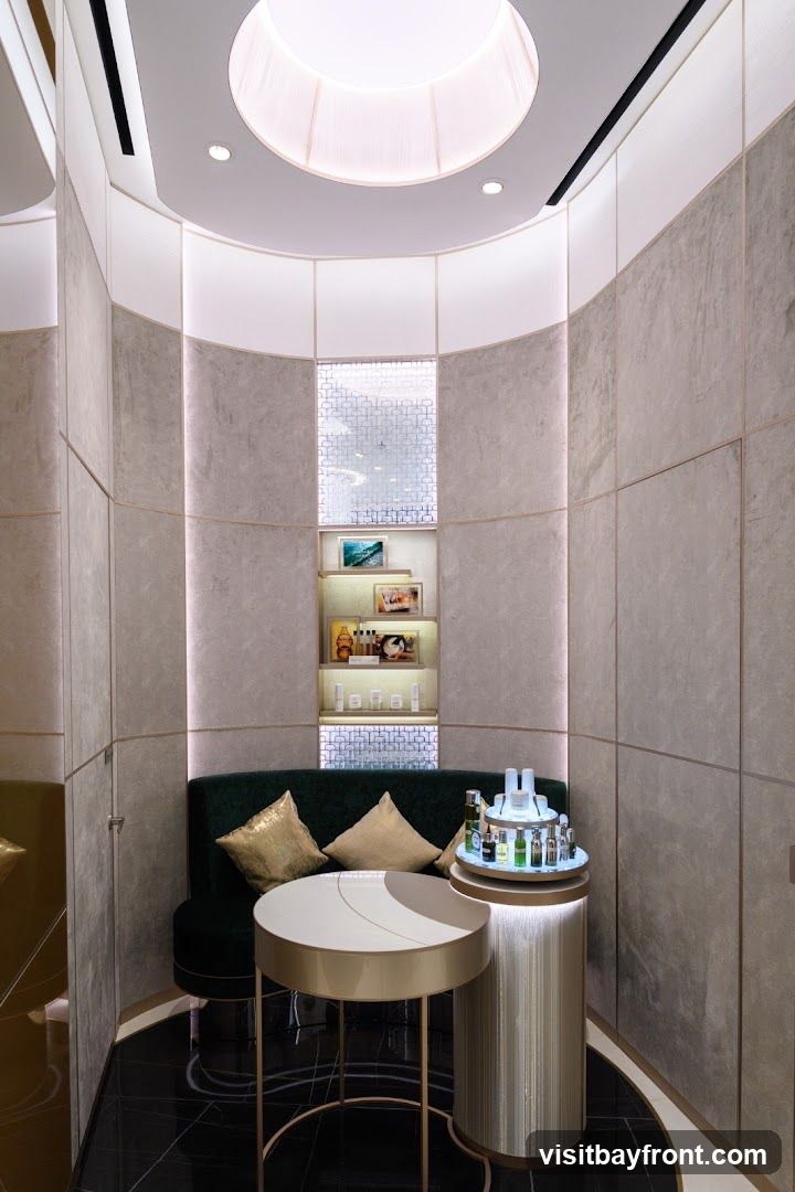 The image shows a well-lit, elegantly designed interior space, likely a consultation or relaxation area within a spa or beauty salon. A dark green curved sofa with gold cushions is positioned against a wall with textured panels and soft lighting. In front of the sofa is a round, modern table. To the right, a display stand showcases various skincare or cosmetic products. Shelves above the sofa hold framed pictures and more product bottles. The flooring is a polished black marble with decorative white inlays. The ceiling features a circular, illuminated design.