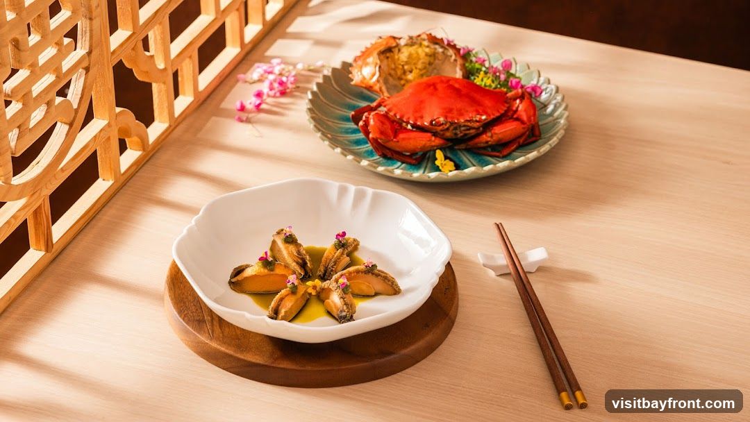 A white, scalloped-edge bowl holds several pieces of abalone, each topped with a dollop of green sauce and a small pink flower. The bowl sits on a round wooden coaster. In the background, a whole cooked crab is presented on a decorative blue and green plate, garnished with pink and yellow flowers. Chopsticks rest on a white chopstick holder to the right of the abalone dish. The setting appears to be a restaurant table with a light wood grain surface, and a decorative wooden screen is visible on the left side of the image.