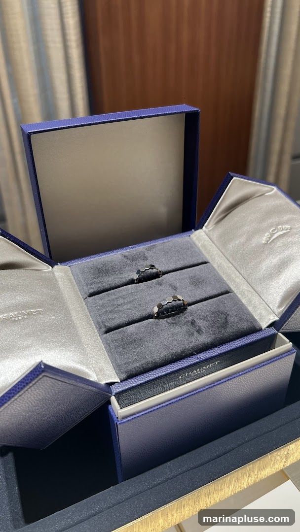 Two delicate rings are displayed in a blue velvet-lined presentation box. The rings appear to be made of a light-colored metal and have a geometric, honeycomb-like design. The box itself is a deep blue with the Chaumet logo embossed on the interior lid and on a smaller booklet within the box. The overall presentation suggests a luxury jewelry item.