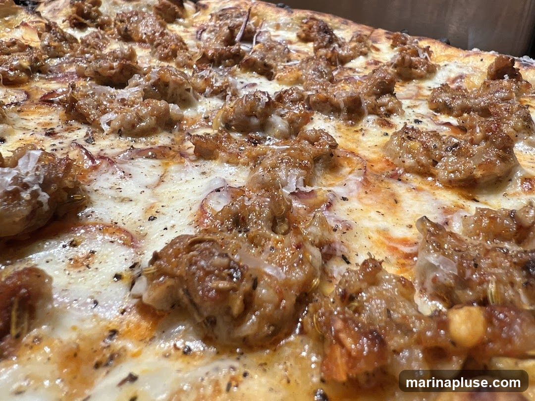 A close-up, detailed shot of a rectangular pizza. The pizza is topped with melted cheese, crumbled sausage, and thinly sliced red onions. The crust appears golden brown and slightly charred in places. The focus is on the texture and toppings of the pizza.