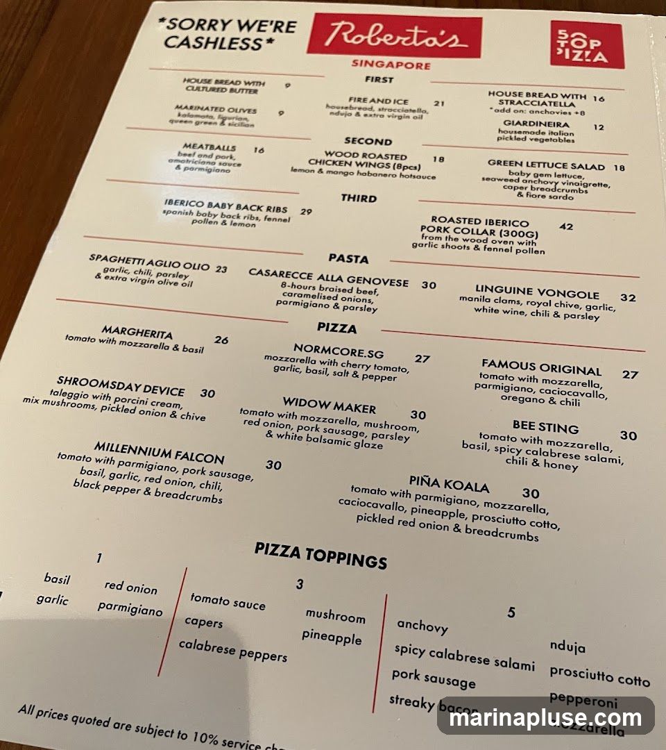 A menu from Roberta's Singapore with sections for First, Second, Third, Pasta, Pizza, and Pizza Toppings.