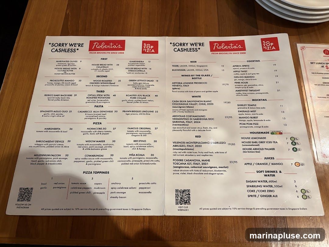 A menu from Roberta's Pizza with sections for First, Second, Third, Pasta, Pizza, Pizza Toppings, Beer, Wines by the Glass/Bottle, Cocktails, Mocktails, Housemade drinks, Juices, and Soft Drinks.