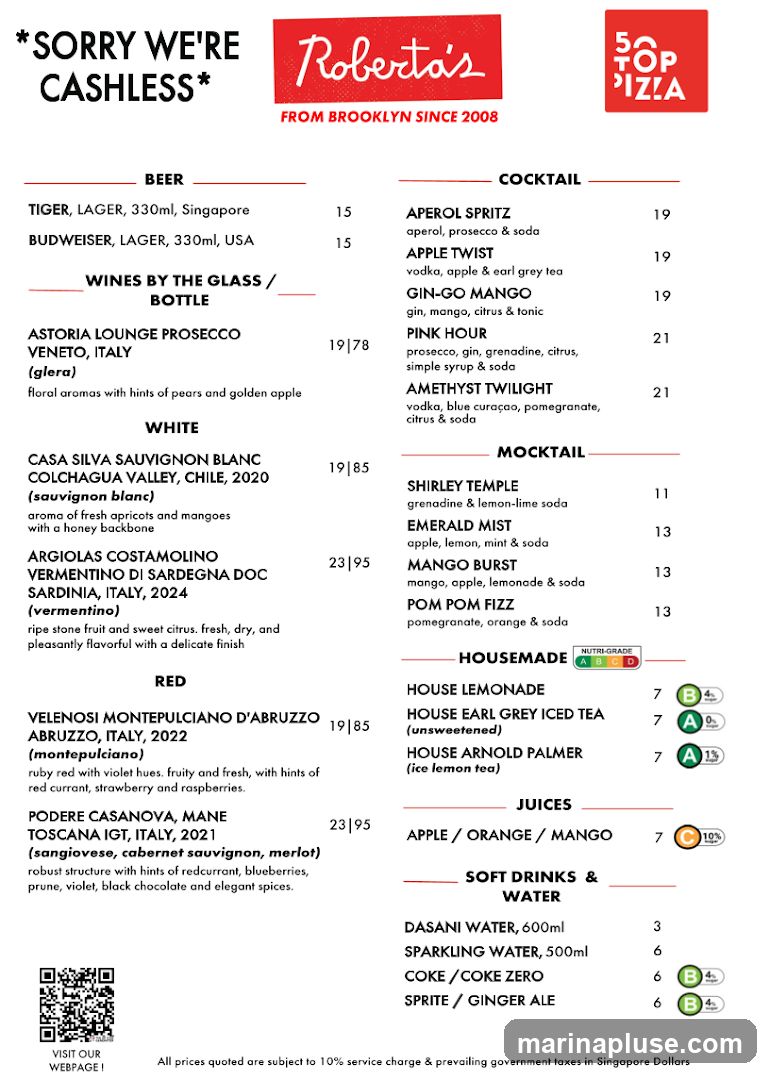 A menu from Roberta's, featuring beers, wines, cocktails, mocktails, housemade drinks, juices, and soft drinks.