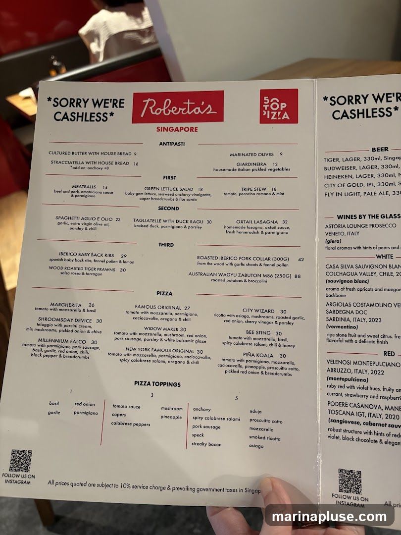 A menu from Roberta's Singapore with sections for Antipasti, First, Second, Third, Pizza, Pizza Toppings, Beer, and Wines by the Glass.