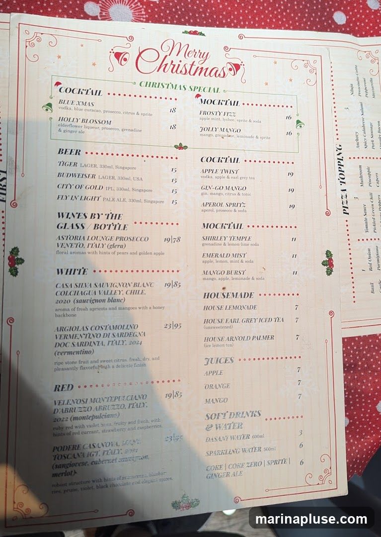 Christmas specials menu with cocktails, mocktails, beers, wines, housemade drinks, juices, and soft drinks.