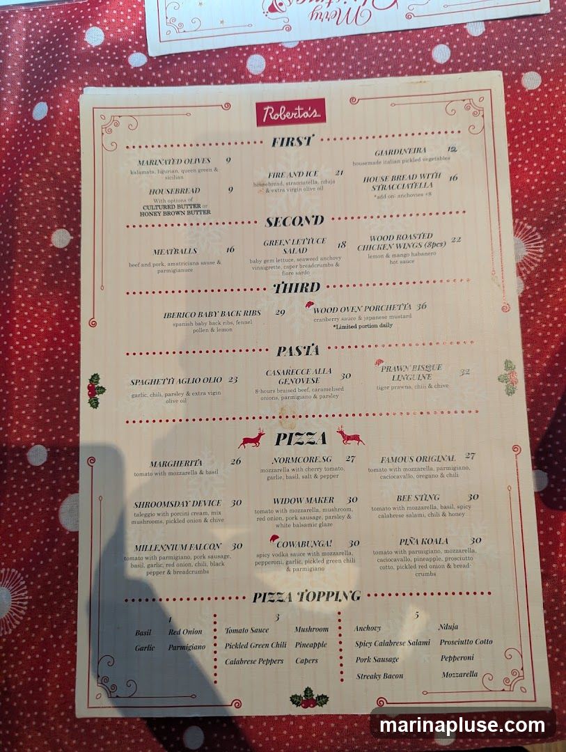 A menu with sections for First, Second, Third, Pasta, Pizza, and Pizza Topping.