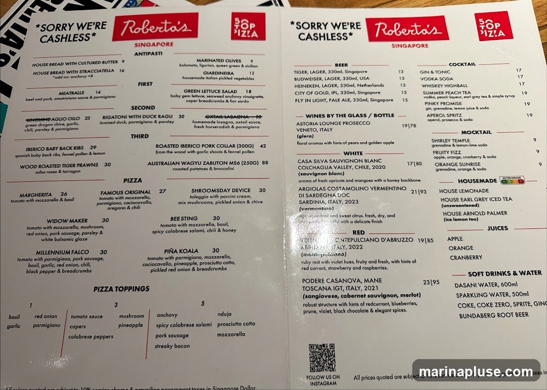 A menu from Roberta's Singapore featuring Antipasti, First, Second, Third, Pizza, Pizza Toppings, Beer, Wines, Cocktails, Mocktails, Housemade drinks, Juices, and Soft Drinks & Water.