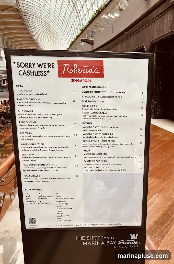 A menu for Roberta's Singapore, with sections for Pizza, Market and Things, Kitchen, and Pasta. It also lists pizza toppings and notes that all prices are subject to service charge and government taxes.