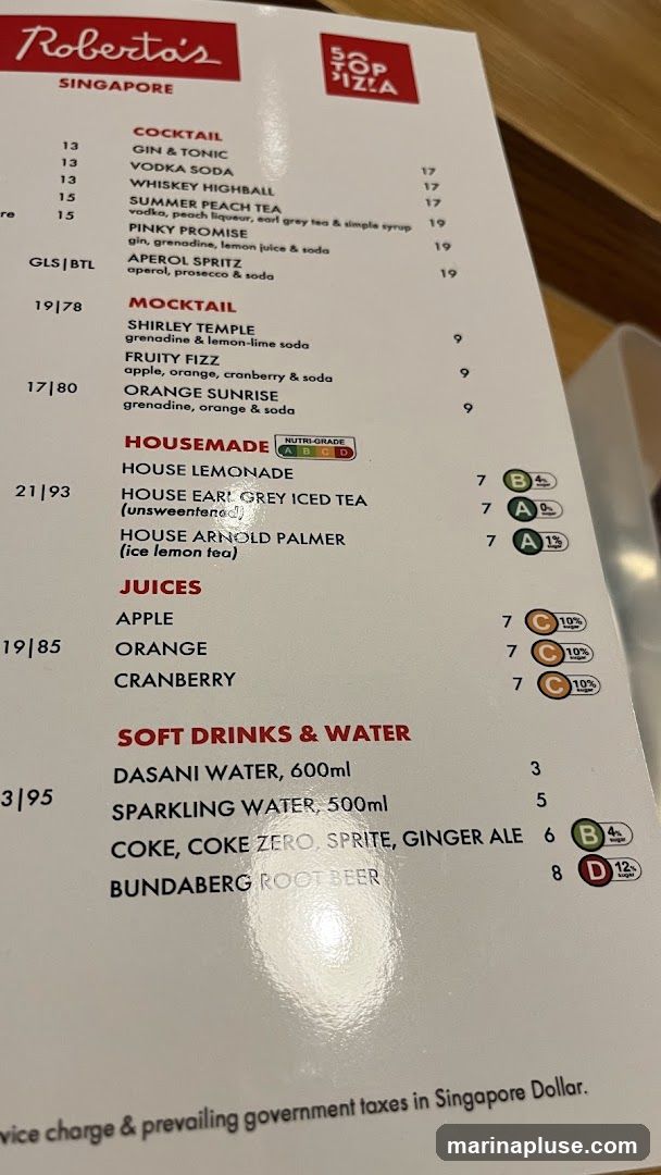Menu for Roberta's Singapore, featuring cocktails, mocktails, housemade drinks, juices, and soft drinks.
