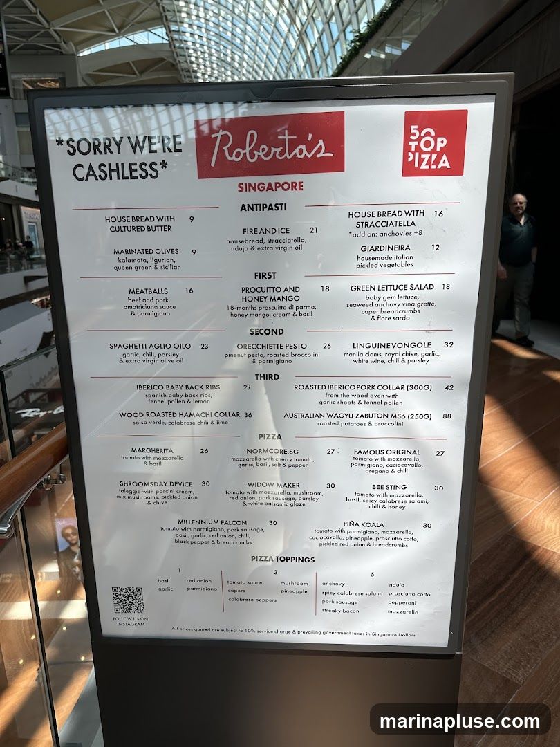 A menu board for Roberta's Singapore, featuring antipasti, pizzas, and pizza toppings. It also states "Sorry we're cashless".