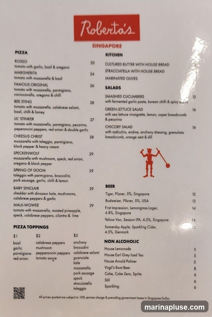 A menu from Roberta's Singapore featuring pizzas, kitchen items, salads, beer, and non-alcoholic beverages.