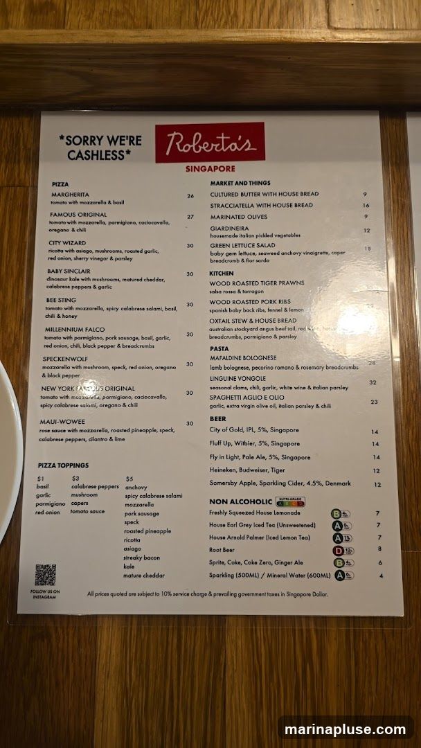 A menu for Roberta's Singapore featuring pizzas, market and things, kitchen items, pasta, beer, and non-alcoholic beverages.