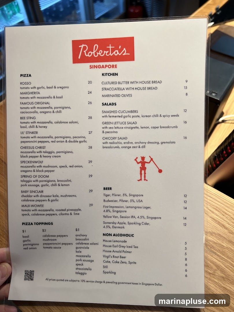 Menu featuring pizzas, kitchen items, salads, beer, and non-alcoholic beverages.