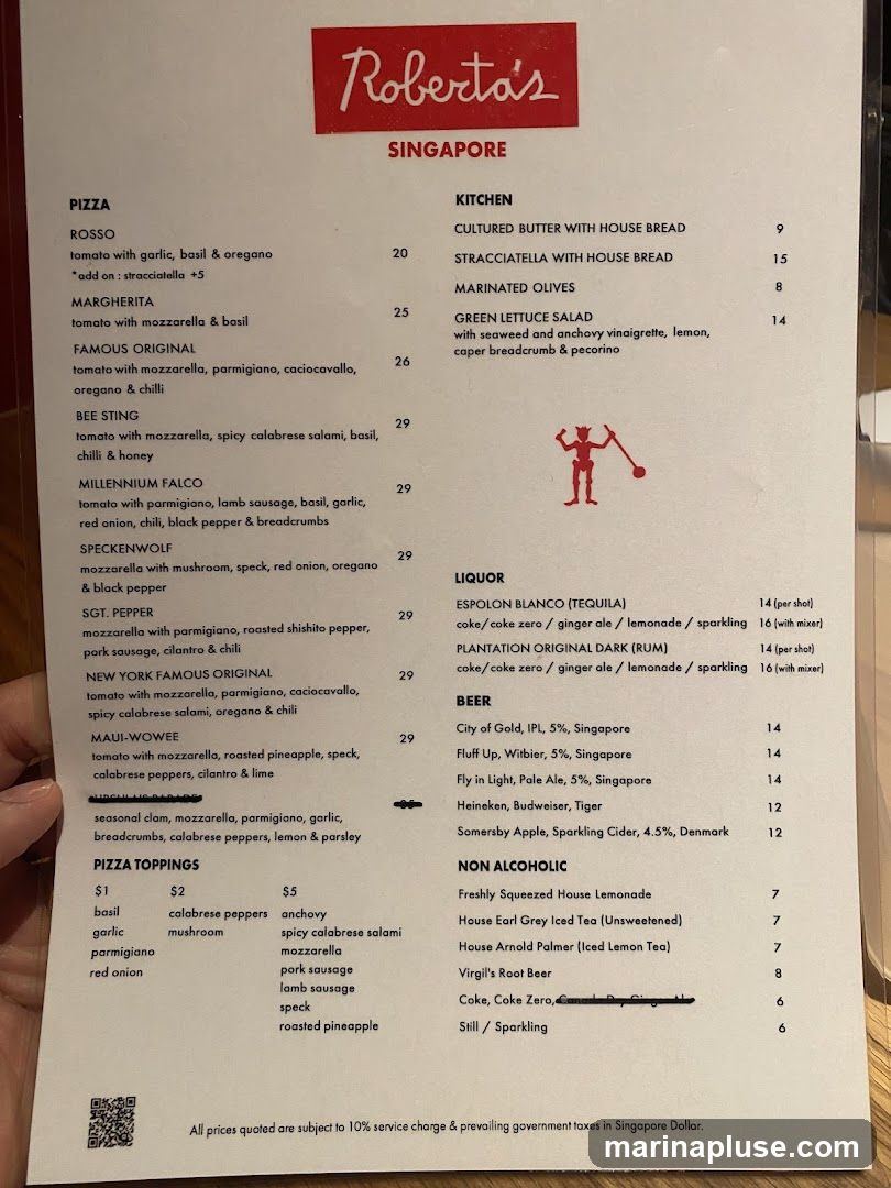 A menu from Roberta's Singapore featuring pizzas, kitchen items, liquor, beer, and non-alcoholic beverages.