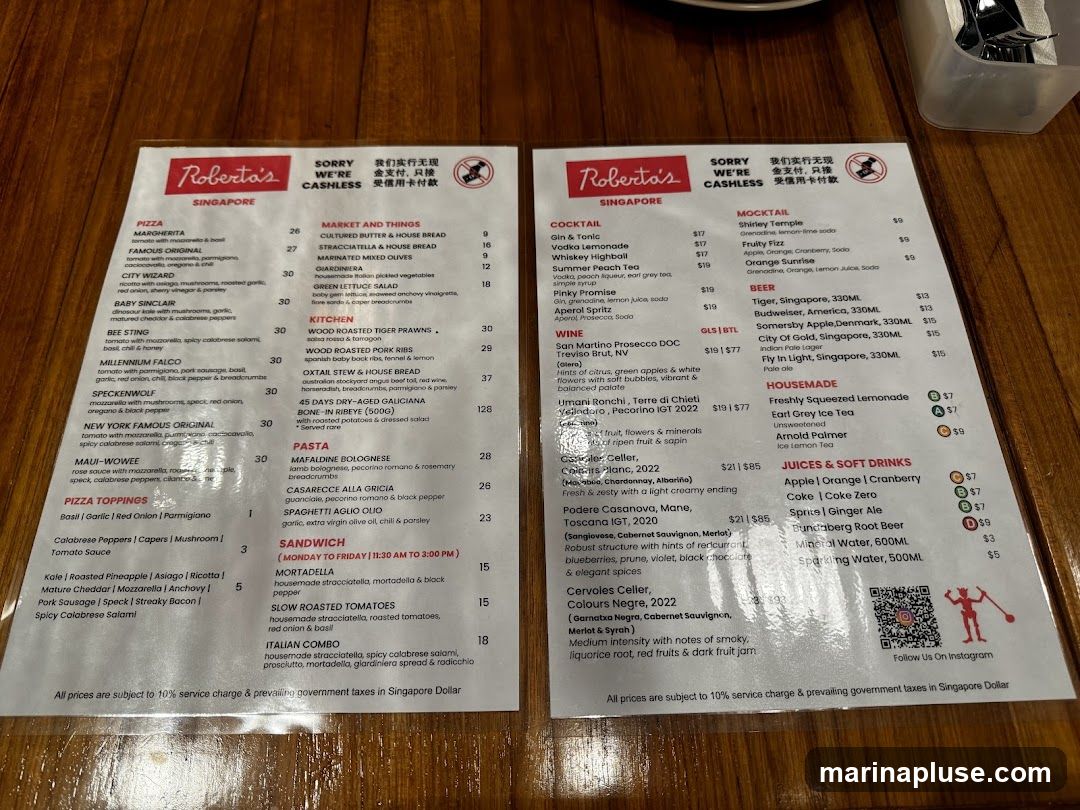 A menu from Roberta's Singapore with sections for Pizza, Market and Things, Kitchen, Pasta, Sandwich, Italian Combo, Cocktail, Mocktail, Beer, Wine, Housemade, and Juices & Soft Drinks.