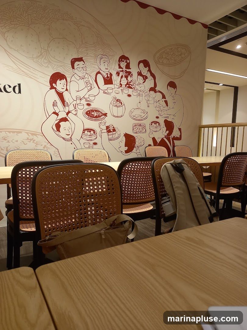 The image shows the interior of a restaurant with a large mural on the wall depicting a family gathered around a table for a meal. The mural is drawn in a simple, line-art style with red outlines on a cream-colored background. In the foreground, there are wooden tables and chairs with woven seats and backs. A beige bag and a backpack are placed on the back of two chairs. The lighting appears to be warm and ambient.