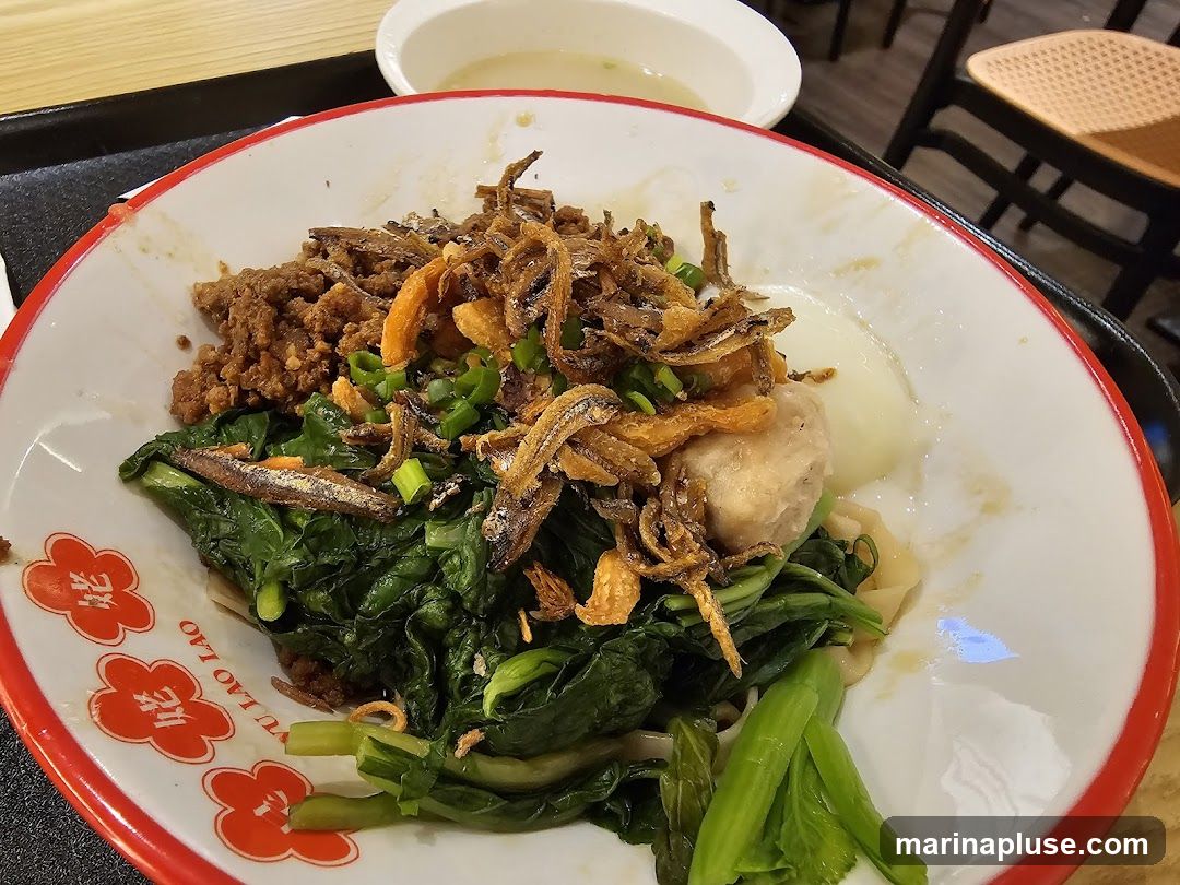 A close-up shot of a bowl of noodles topped with minced meat, leafy green vegetables, fried anchovies, and a meatball. A small bowl of soup is visible in the background. The bowl has a red rim with floral designs and Chinese characters.