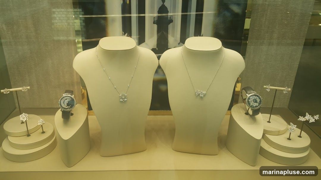 A display window showcases various pieces of jewelry, including necklaces and watches, on mannequins and stands. The background features a black and white image of a lighthouse.
