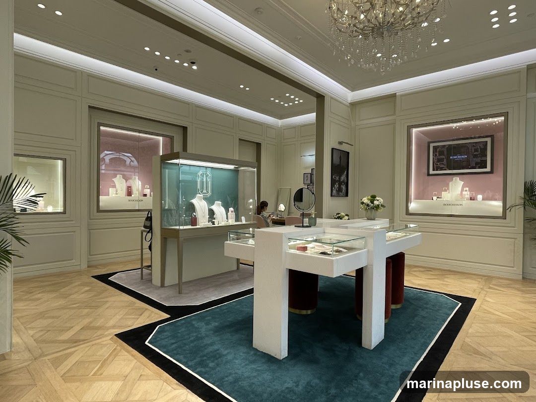 The interior of a high-end jewelry store, featuring display cases filled with necklaces, bracelets, and other jewelry. The store has a sophisticated design with elegant lighting, plush rugs, and polished wooden floors. A large chandelier hangs from the ceiling. The brand name "BOUCHERON" is visible on displays and a screen.