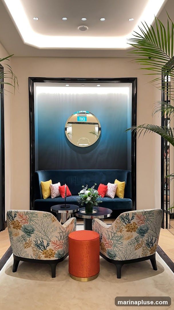 A stylish waiting area features a deep blue velvet sofa adorned with colorful throw pillows, flanked by two armchairs upholstered in a coral and sea-life pattern. An orange cylindrical ottoman sits between the armchairs. A round mirror with an illuminated 'EXIT' sign is mounted on a wall with a blue ombre gradient. A floral arrangement rests on a coffee table in front of the sofa. Lush green plants frame the scene.