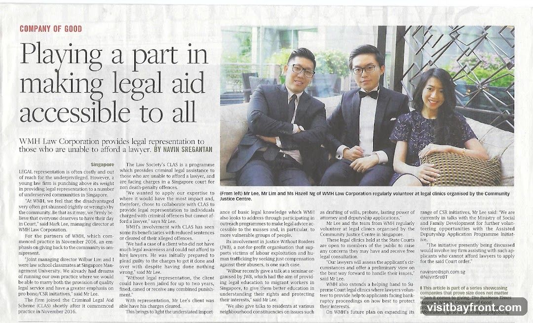 An article from "Company of Good" detailing how WMH Law Corporation provides legal representation to those unable to afford a lawyer. It highlights their involvement with the Criminal Legal Aid Scheme (CLAS) and Justice Without Borders (JWB), as well as their volunteer work at legal clinics. The article features a photo of three individuals, identified as Mr Lee, Mr Lim, and Ms Hazell Ng of WMH Law Corporation, who regularly volunteer at legal clinics.