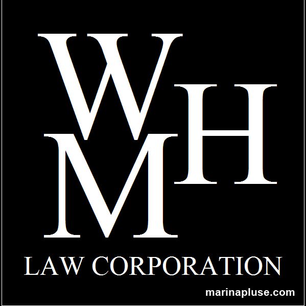 A black background with white text. The letters W, M, and H are prominently displayed in a large, serif font. Below these letters, the words "LAW CORPORATION" are written in a smaller, similar font.