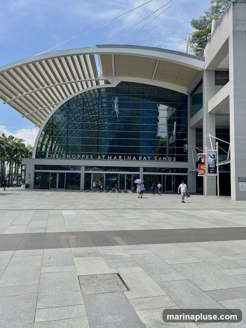 A wide shot of the exterior of The Shoppes at Marina Bay Sands, a large shopping mall with a distinctive curved roof and glass facade. People are walking in front of the entrance on a sunny day.