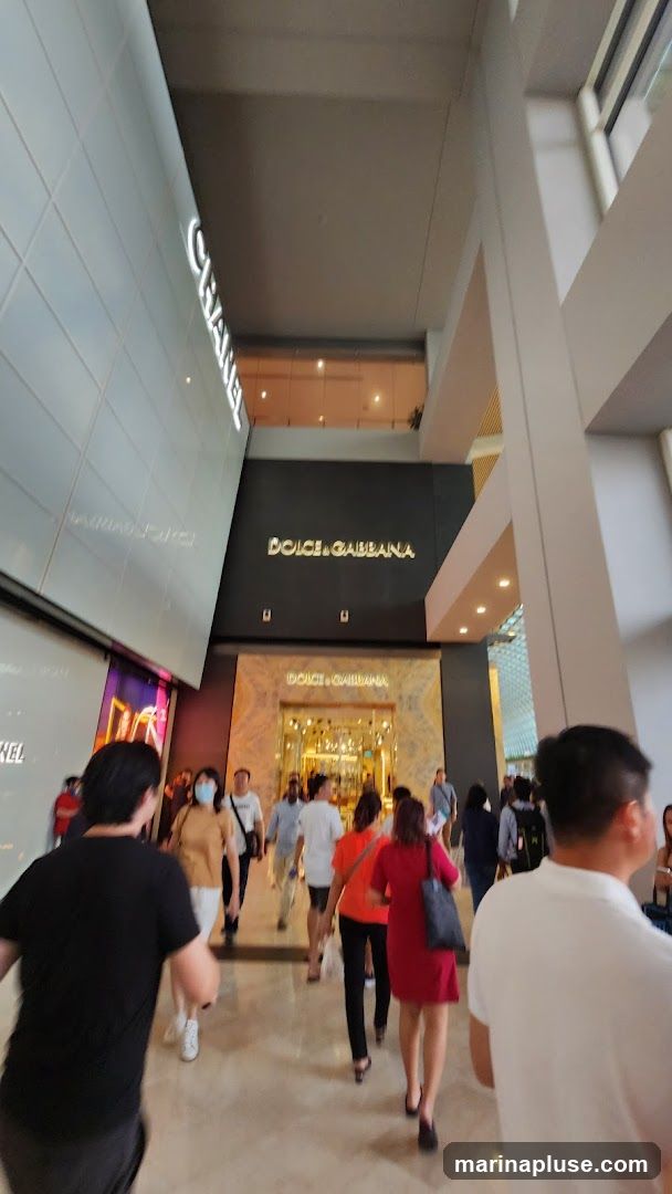 A view of the Dolce & Gabbana store entrance in a modern shopping mall. The store has a marble facade and a large display window. Above the entrance, the Dolce & Gabbana logo is prominently displayed in gold lettering on a dark background. To the left, the Chanel logo is visible on a large, sleek building facade. People are walking in and out of the store and through the mall.