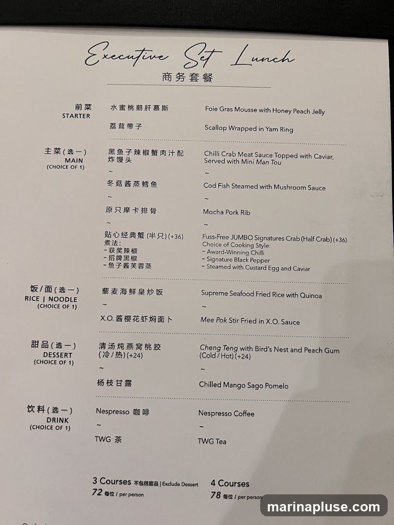 A menu for an executive set lunch with options for starter, main, rice/noodle, dessert, and drink. It also lists prices for 3-course and 4-course meals.