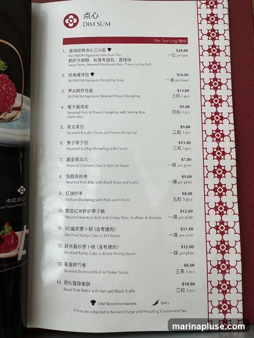 A menu featuring various dim sum dishes with descriptions and prices.