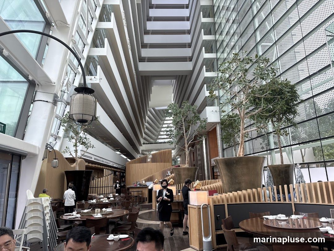 An interior view of a spacious restaurant with high ceilings and a modern, open-air design. Large potted trees are placed throughout the dining area, adding a touch of nature. Tables are set with white tableware, and several staff members are visible attending to guests or working behind a counter. The architecture features a prominent glass facade and layered balconies, creating a sense of depth and grandeur.