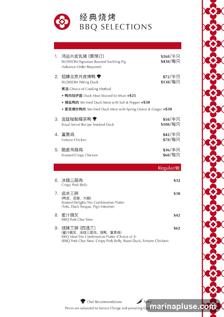 A menu featuring various BBQ selections including roasted suckling pig, Peking duck, smoked duck, crispy chicken, pork belly, and combination platters.