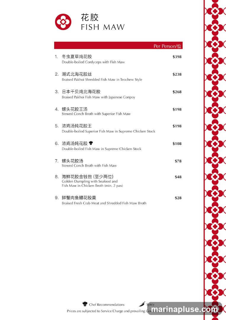 Menu featuring various fish maw dishes, with prices per person. Includes Chef Recommendations and Spicy options. Prices are subject to service charge and government tax.