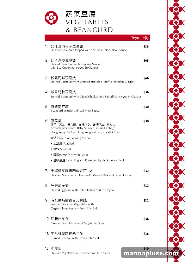 Menu items featuring various preparations of beancurd, vegetables, and other ingredients.