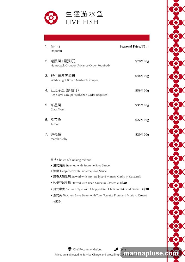Menu featuring various types of fish with prices per 100g, and a selection of cooking methods.