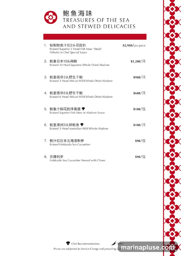A menu featuring premium seafood dishes, including various types of abalone and sea cucumber, with prices listed in Hong Kong Dollars.