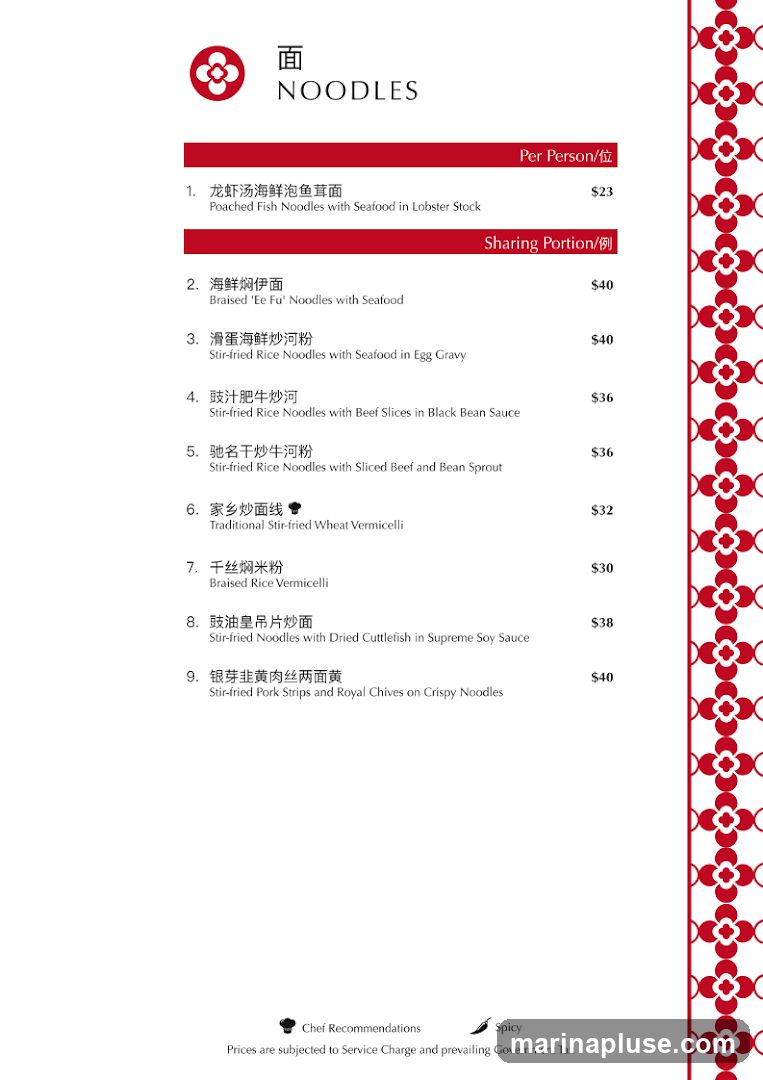 Menu featuring various noodle dishes, with options for per person or sharing portions. Includes chef recommendations and spicy indicators. Prices are subject to service charge and government tax.
