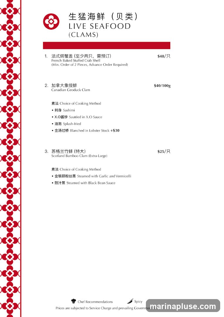 Menu featuring live seafood, specifically clams. Includes chef recommendations and spicy options. Prices are subject to service charge and prevailing government tax.